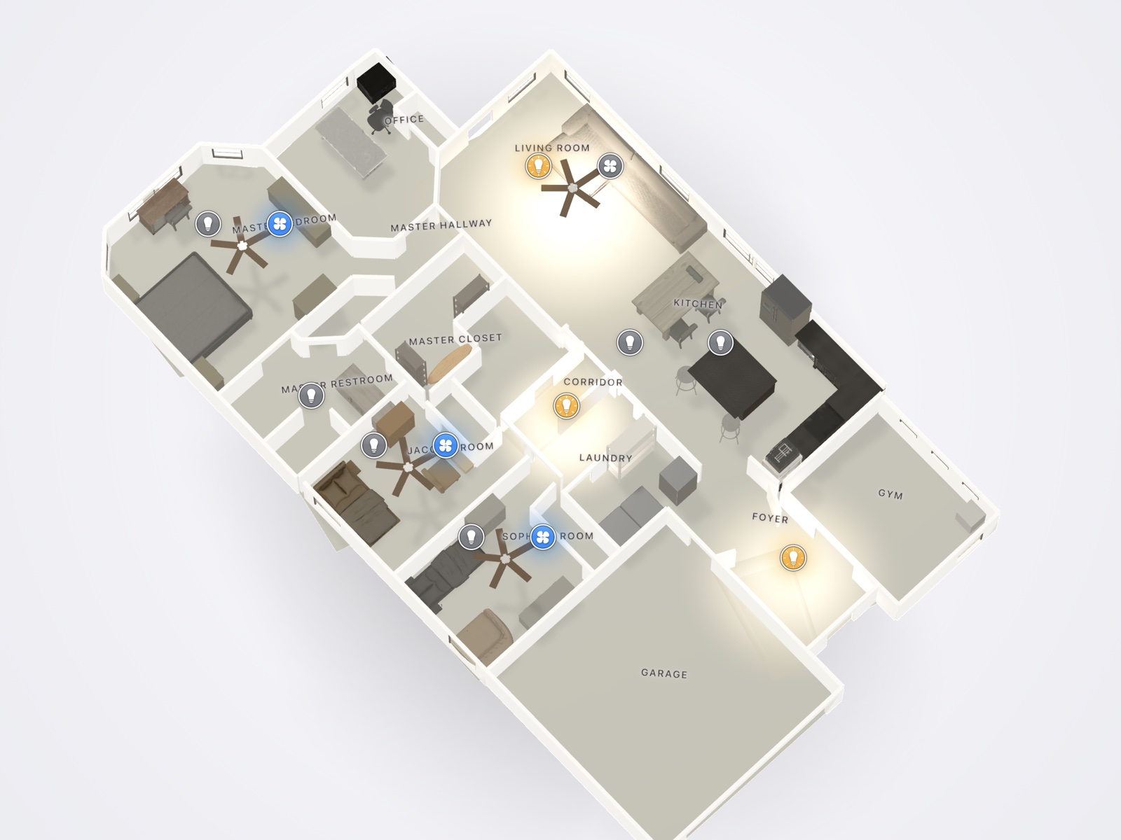 A scanned home rendered as a 3D twin with every room lit